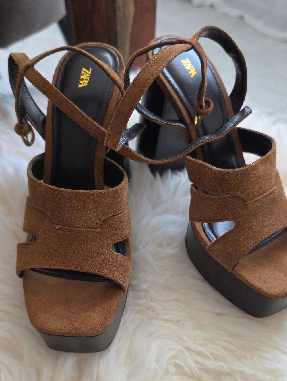 ZARA Brown Suede Platform Sandals with Ankle Straps